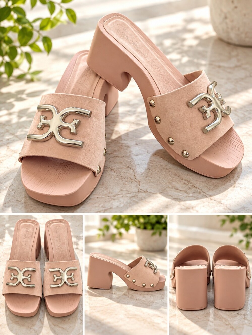 Sam Edelman Size 6 Pink Suede Chunky Heel Logo Slide Sandals Y2K Fall Autumn